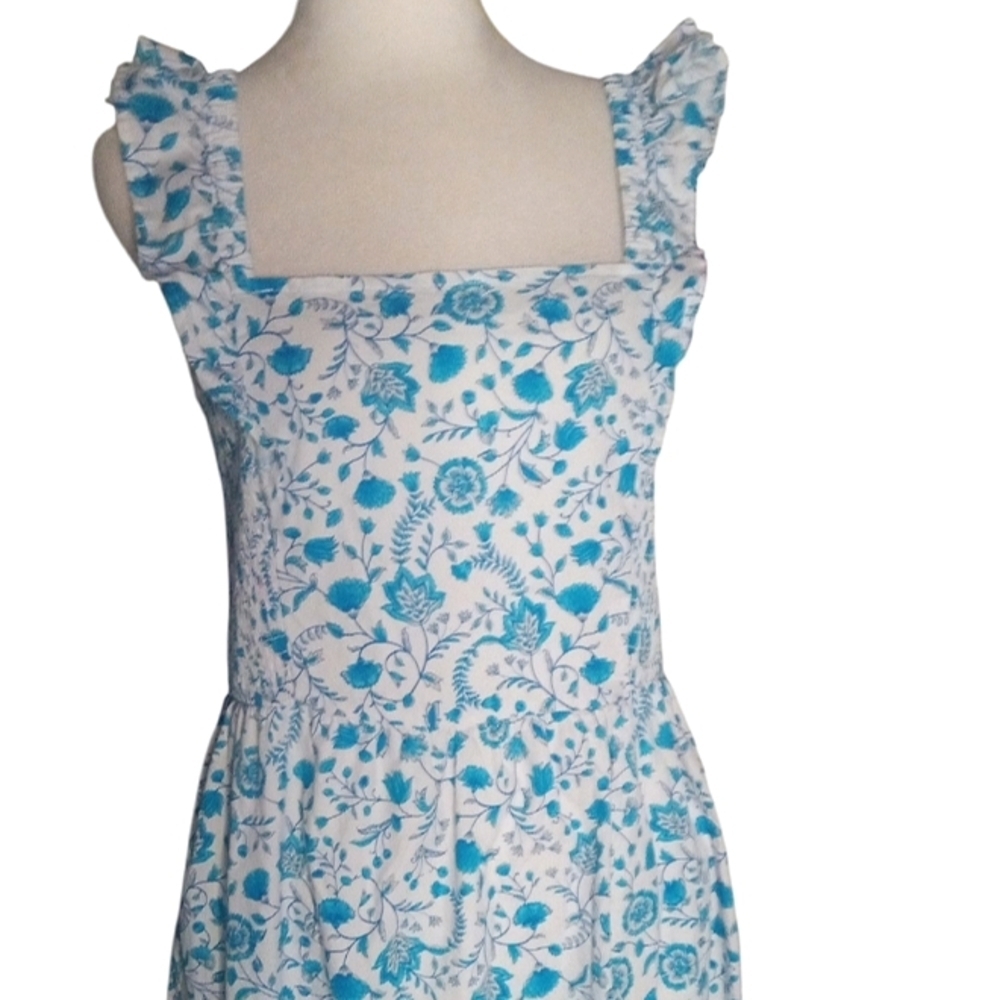 Draper James Contrasting Blue White Flutter Sleeve Cotton Midi Dress Size Medium - Picture 3 of 8